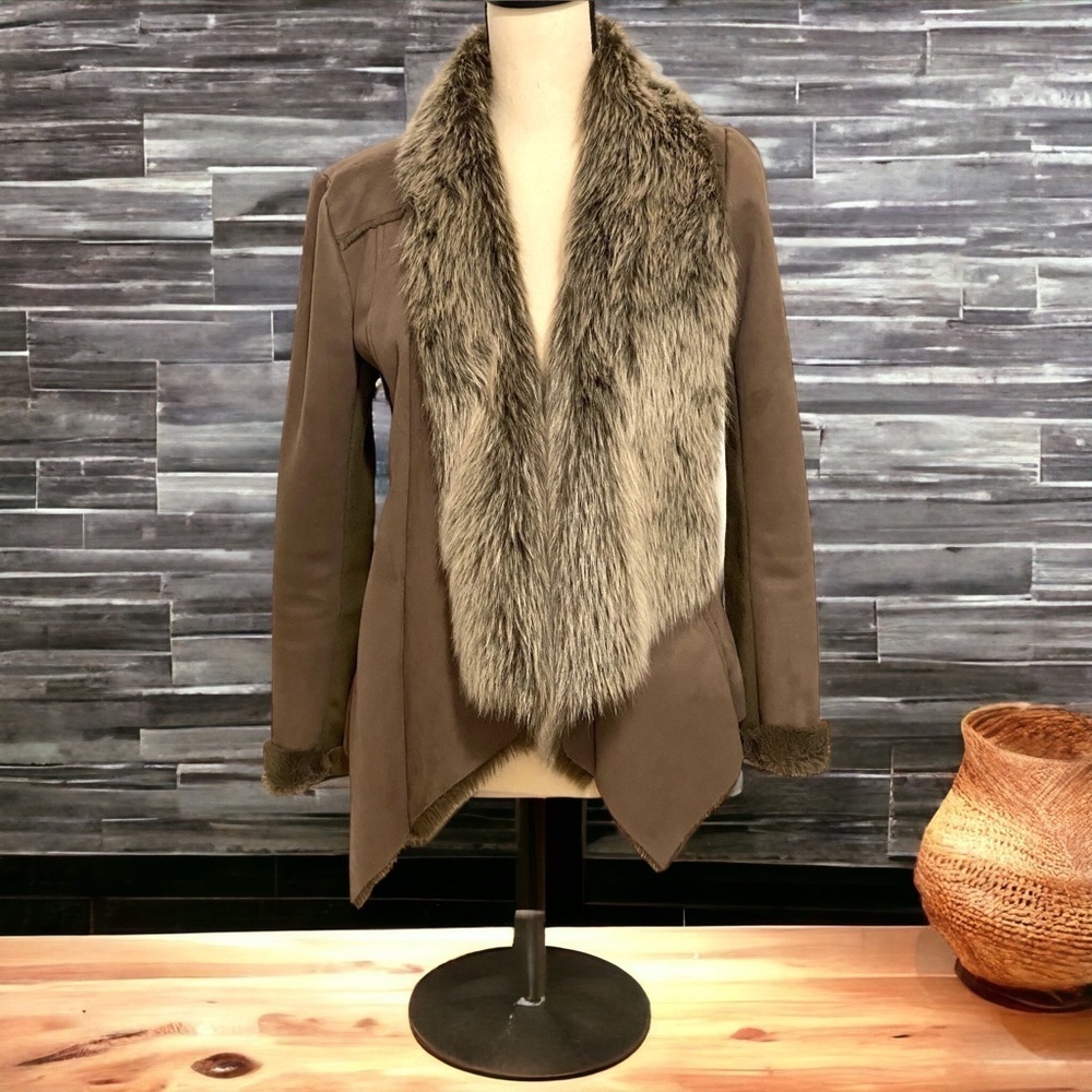 BCBGeneration Brown Faux Fur Trim Draped Jacket